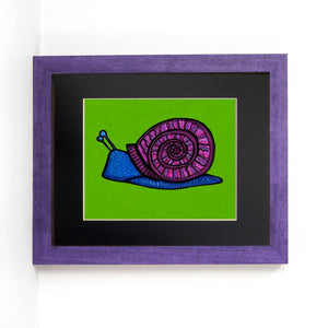 alternate view of snail print in purple frame with black mat