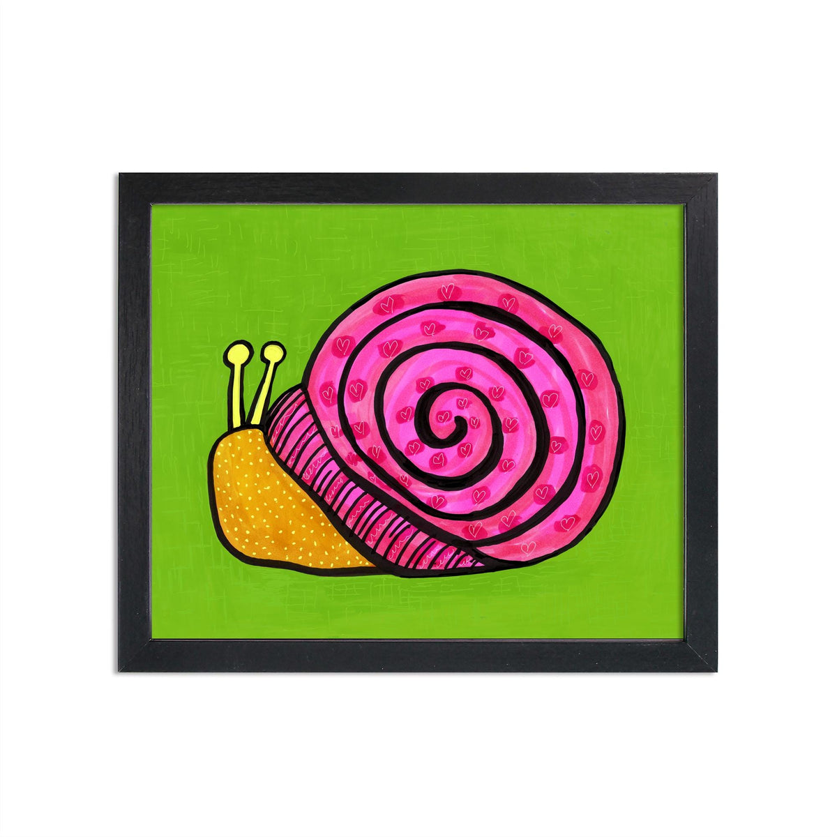 colorful snail art print in a black frame on a white wall - art features a yellow snail in a pink spiral shell on a bright green background