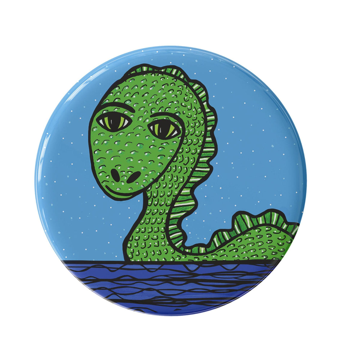 Loch Ness Monster pinback button or magnet - round button featuring green monster with large eyes in blue water and lighter blue sky