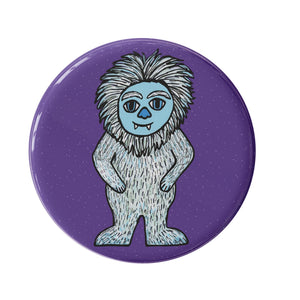Cute Yeti button - round purple button with hand drawn blue and white yeti monster
