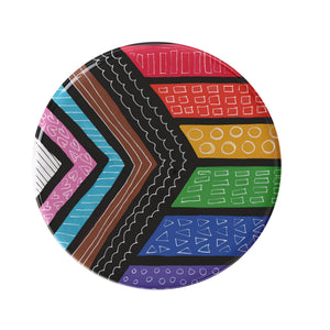 inclusive pride rainbow flag button with decorative designs on each stripe