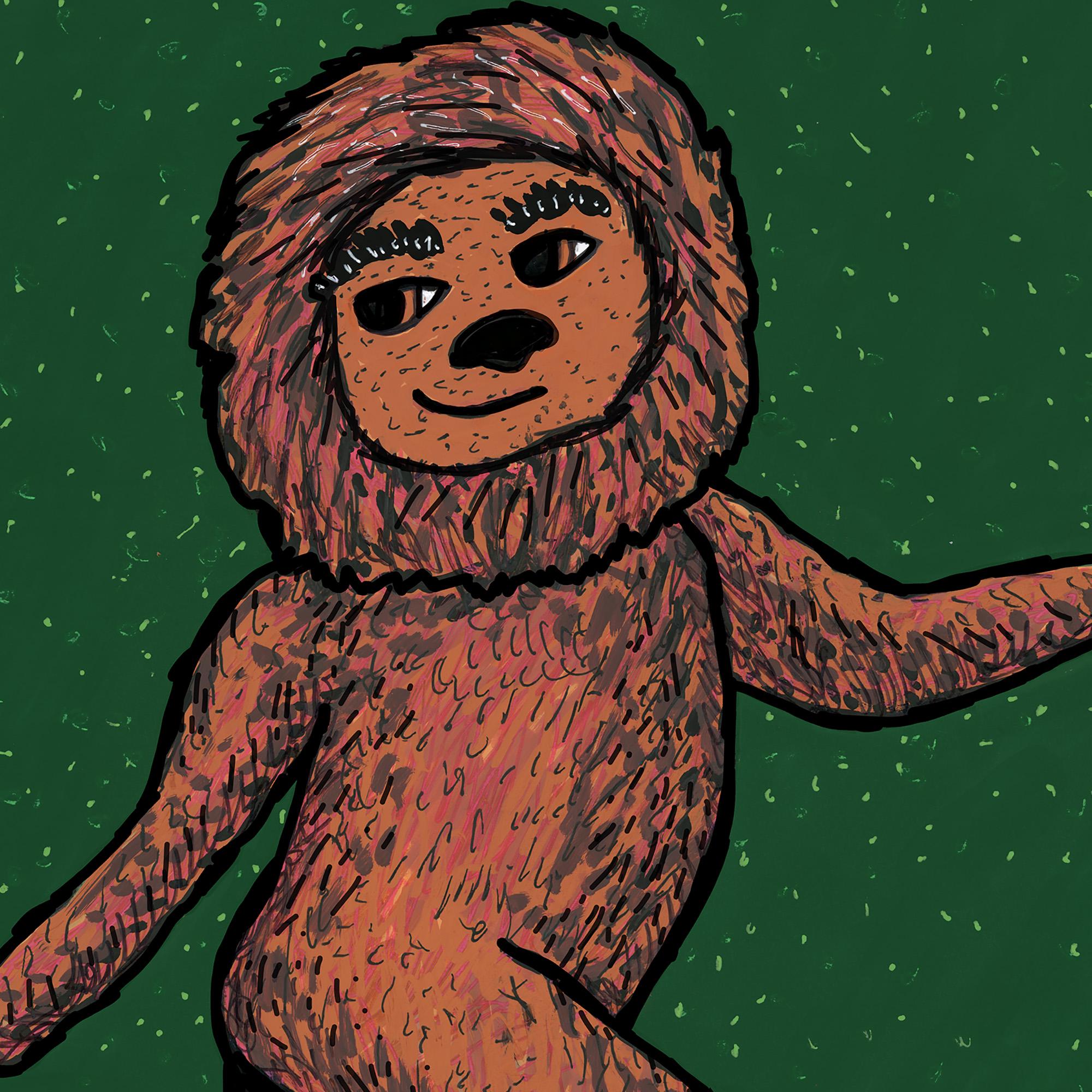 close up of Bigfoot's face and chest showing fur and expression
