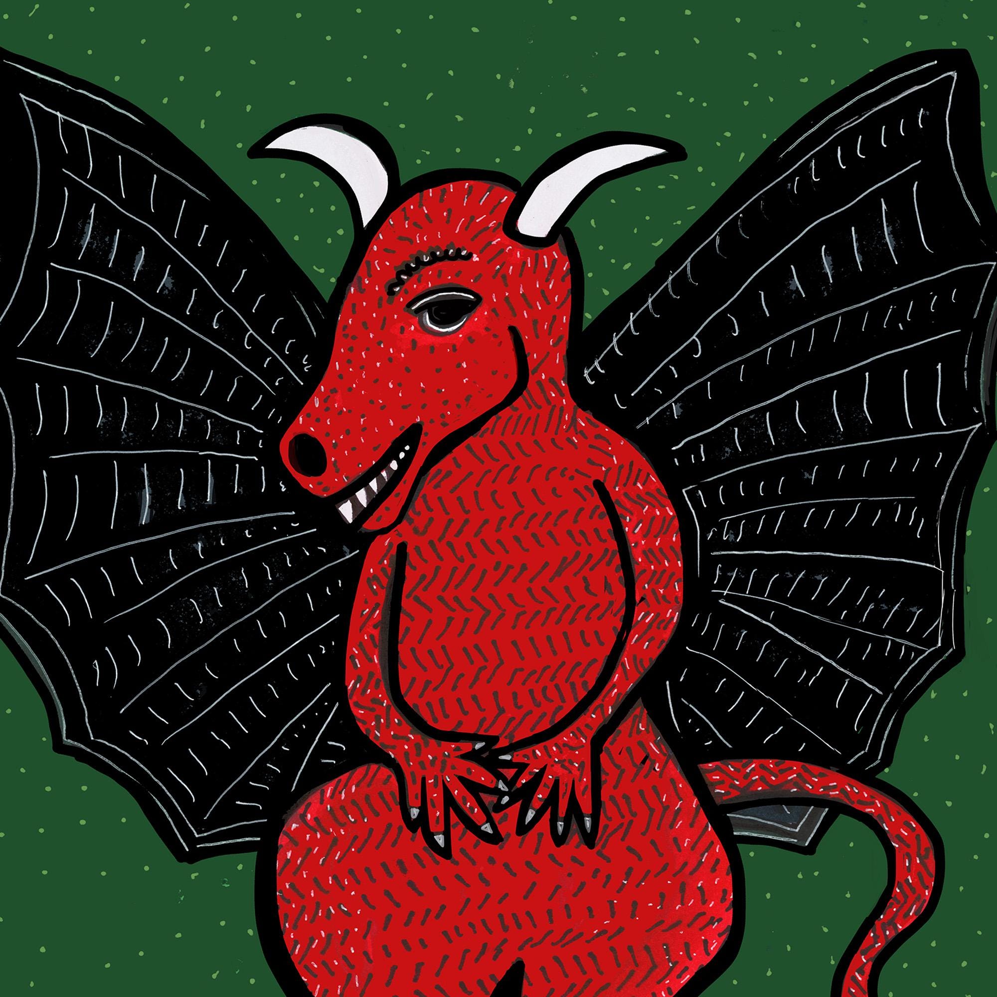 detail of Jersey Devil showing face and wings and upper body