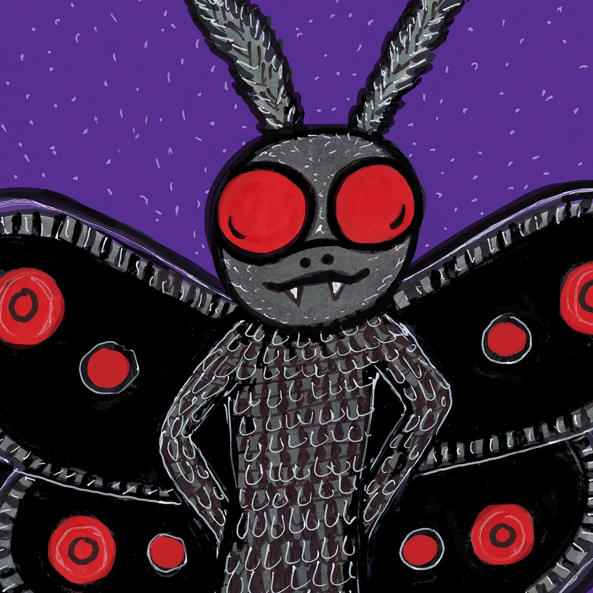 Detail of Mothman art print showing body, face and wing details.