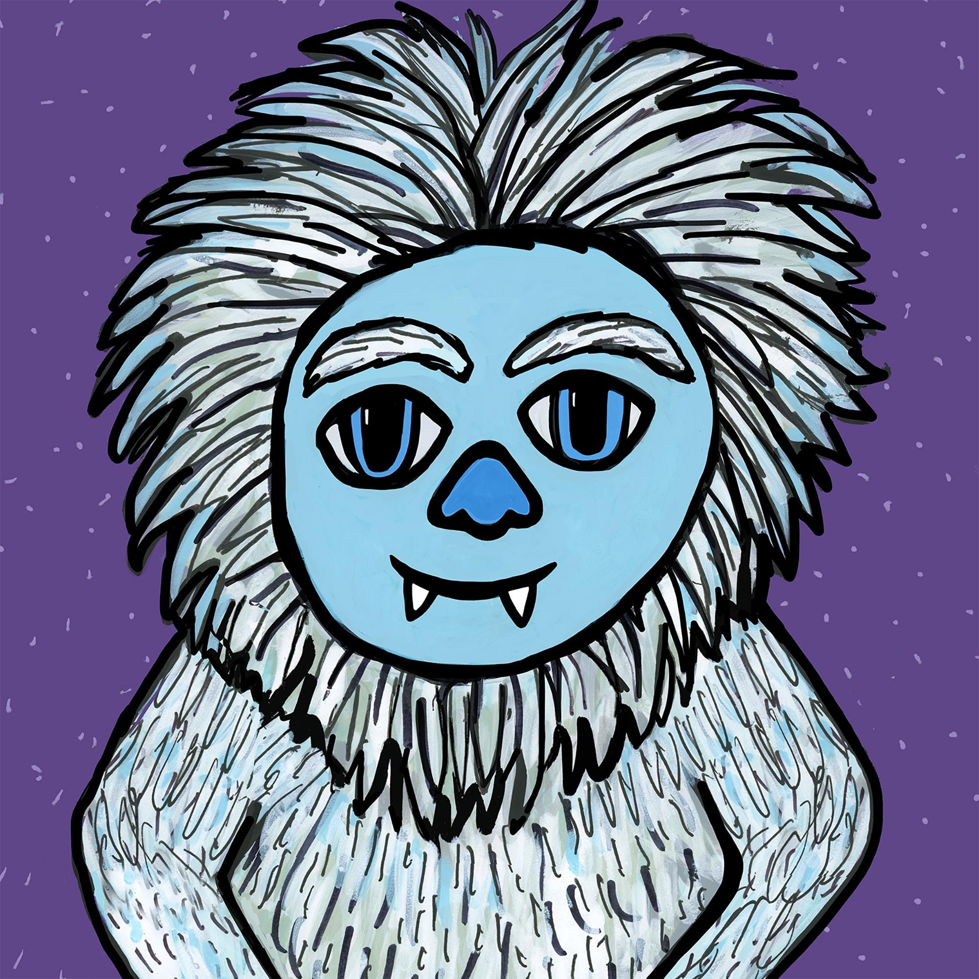 detail view of yeti's blue face with blue nose, fangs, blue eyes and furry eyebrows