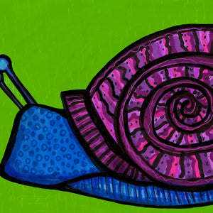detail of snail art print featuring pattern lines on the shell and accent dots on the snail