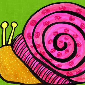 detail of yellow and pink snail showing the accents dots and lines