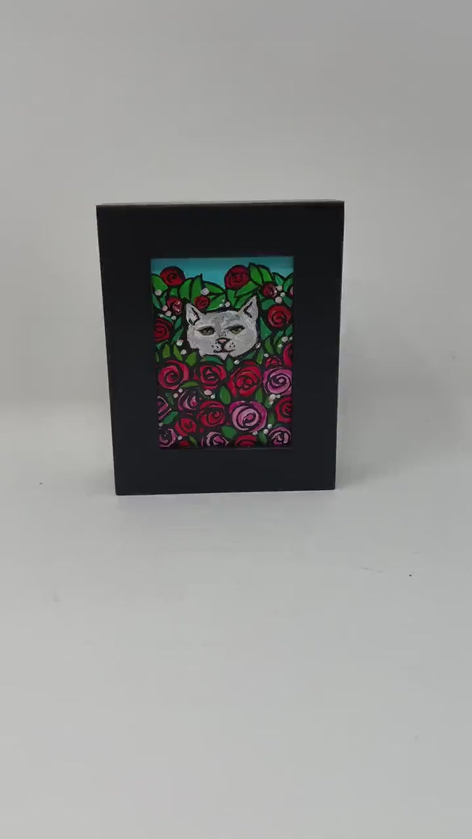 Mini Cat Painting - Small Rose Kitty Art in Frame - Cute Cat Lover Gift - Gray and White Cat with Flowers, Rose Bush - Animal Art