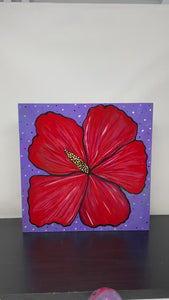Red Hibiscus Flower Painting - Original Square Floral Art - Red, Purple, and Yellow - 12 x 12 inches