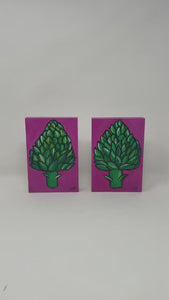 Original Artichoke Art - Diptych - Pair Paintings of Colorful Vegetables - Pink and Green Art