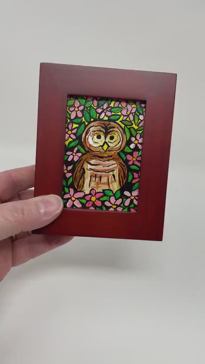 Barred Owl Painting - Framed Mini Bird Art for Your Desk, Shelf, or Wall - Bird or Owl Lover Gift, Animal Art, Small Painting