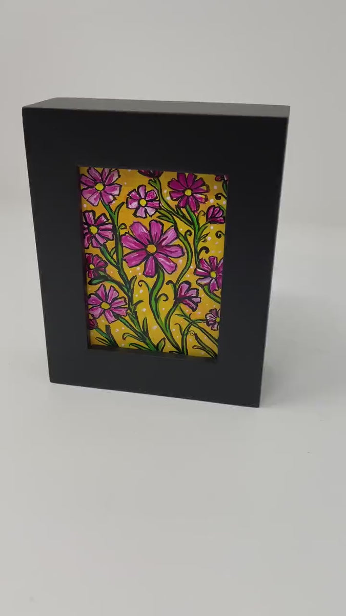 Cosmos Flower Painting - Small Floral Art in Frame - Pink Flowers On Yellow Ochre - Framed Mini Painting by Claudine Intner
