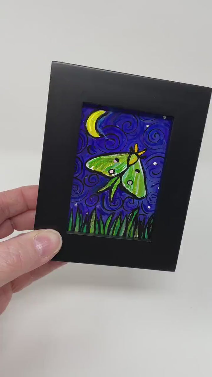 Framed Luna Moth Art - Original Mini Painting in Frame - LunaMoth - American Moon Moth with Crescent Moon and Night Sky - Bug, Insect