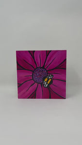 Bumblebee Painting - Bumble Bee on Magenta and Purple Zinnia Flower - Pollinator, Honey Bee, Square Art