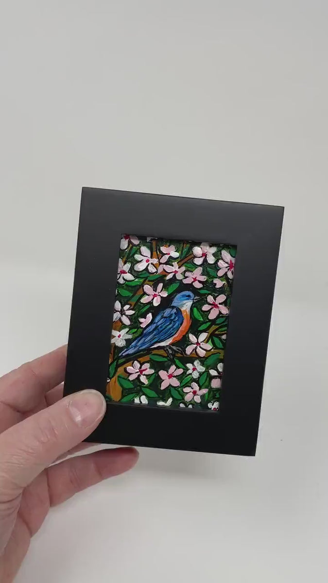 Small Bluebird Painting - Eastern Blue Bird with Cherry Blossoms - Framed Mini Bird Art for Your Desk, Shelf, Wall - Animal, Bird Lover Gift