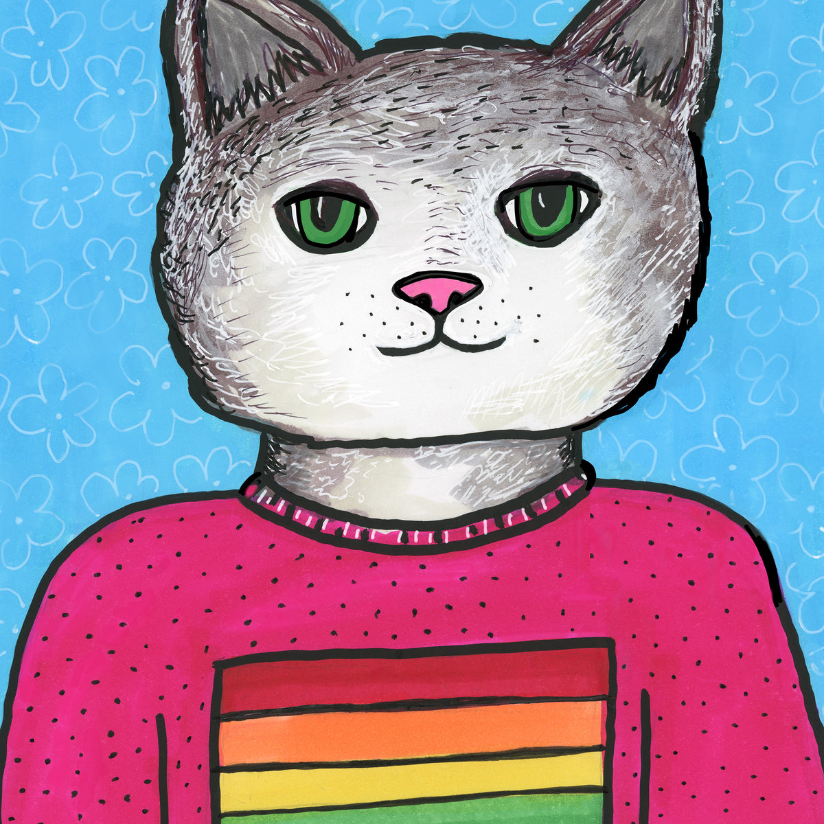 detail of Sarah the Pride Cat showing her face and part of her tshirt 