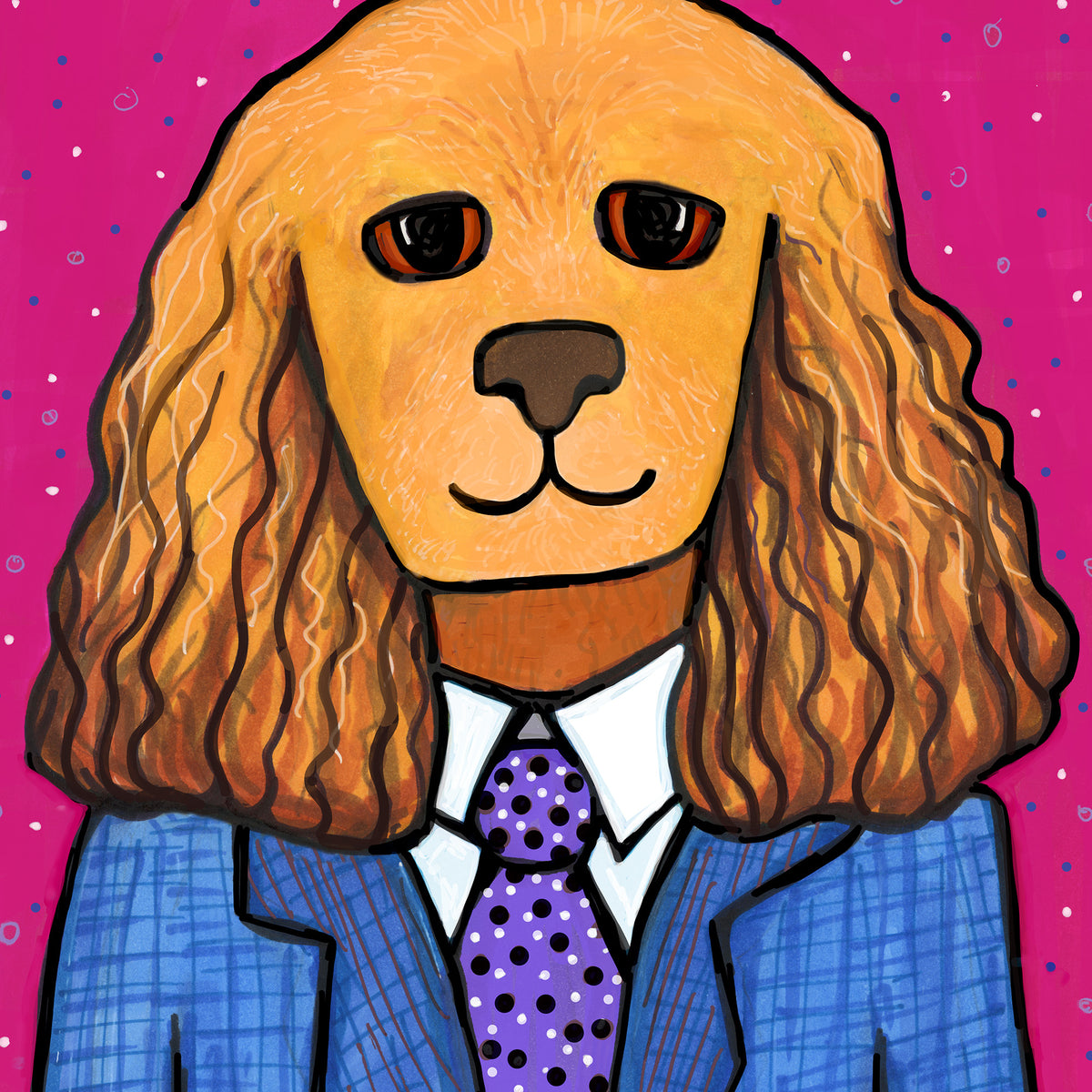 detail of art print - Tanner the Cocker Spaniel in his blue suit with purple tie. He pops gainst a pink polka dot background. 