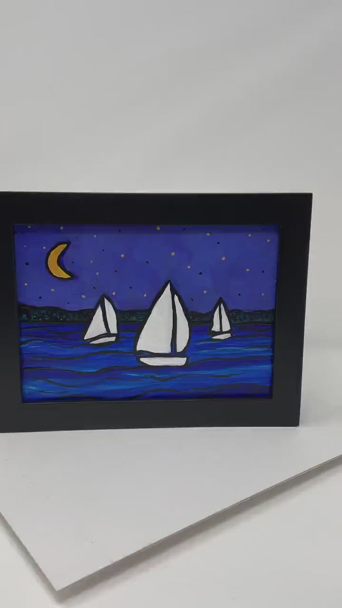 Original Sail Boat Painting - Night Sail Acrylic Painting - 5x7 inches - Framed Nautical Art - Vivid Colors