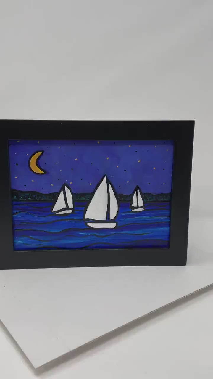 Original Sail Boat Painting - Night Sail Acrylic Painting - 5x7 inches - Framed Nautical Art - Vivid Colors