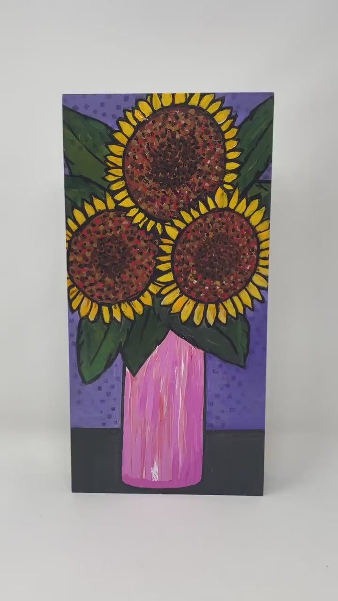 Original Sunflower Painting - Whimsical Sun Flower Still Life Art - Bright Colors - Colorful Happy Art - 6x12 inches