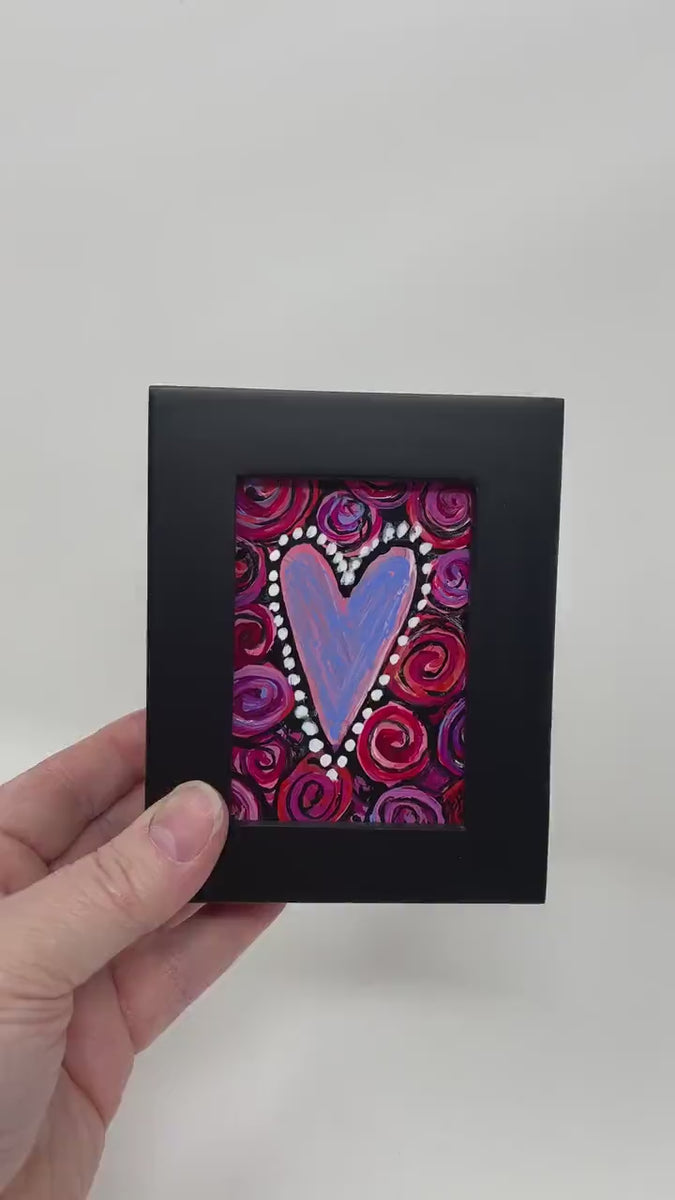 Small Original Heart Painting with Roses - Mini Love Art - Gift for Valentine's Day or Anniversary - Miniature Framed Painting