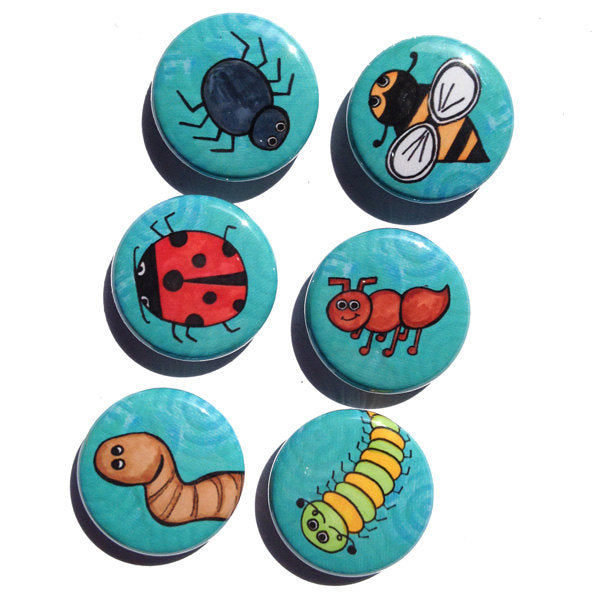 6 round bug magnets or pins on white