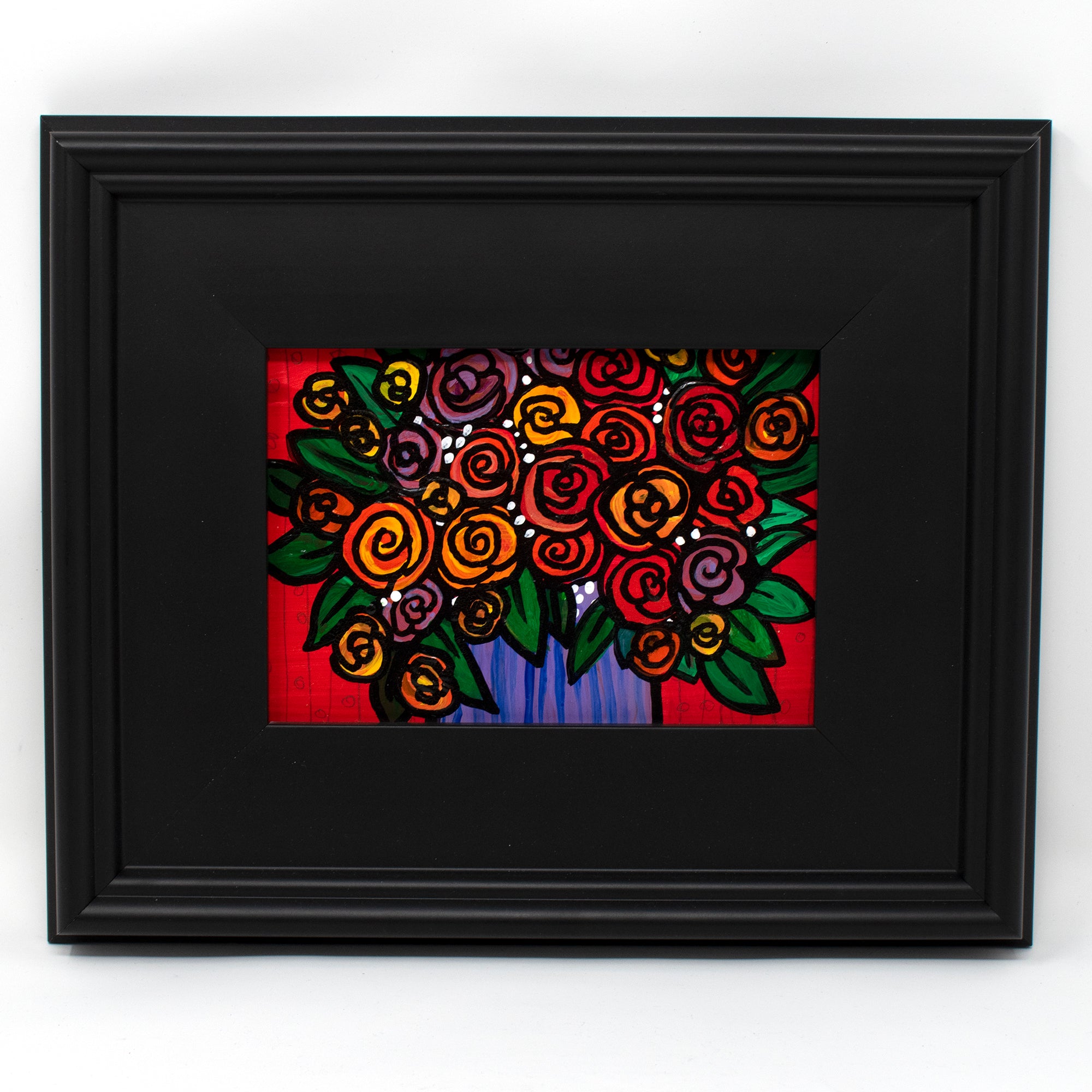 Whimsical Rose Painting in Black Frame