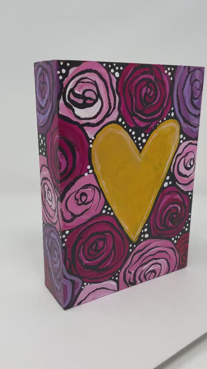 Rose Heart Painting - Heart Art - Anniversary, Love Gift - Gold Heart - Pink, Magenta, Purple, Red, and White Flowers
