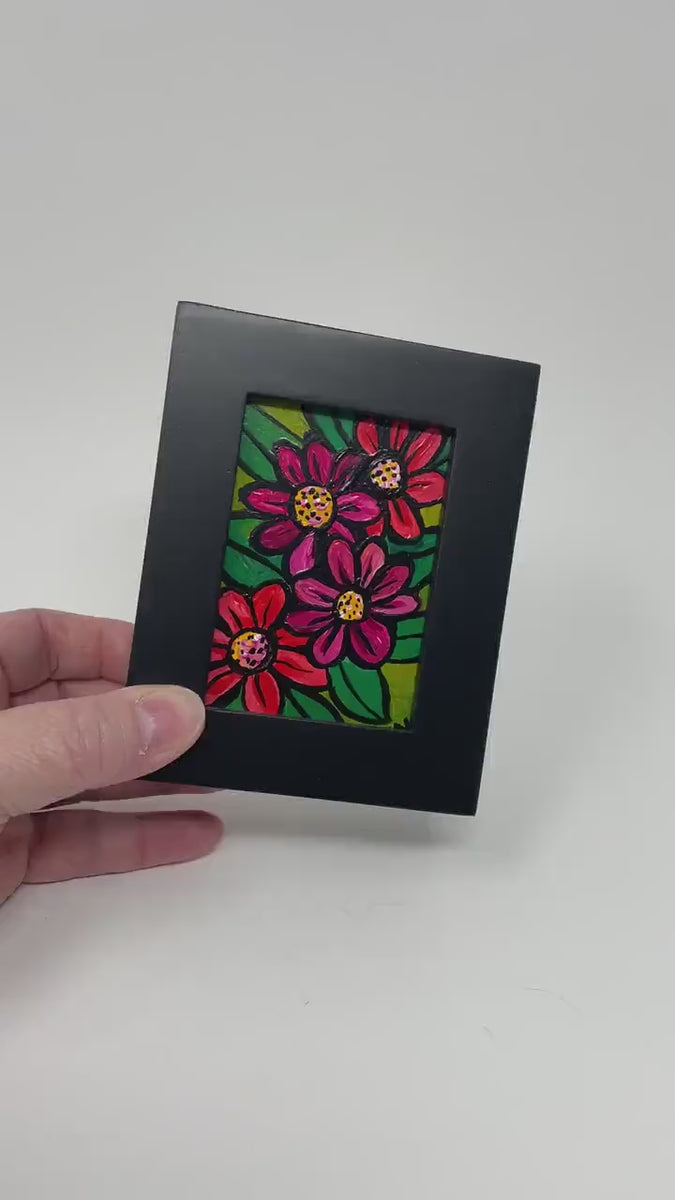 Small Framed Flower Painting - Mini Floral Art with Red, Pink, and Yellow Flowers - Original Desk Art, Wall Art, Bookshelf Art