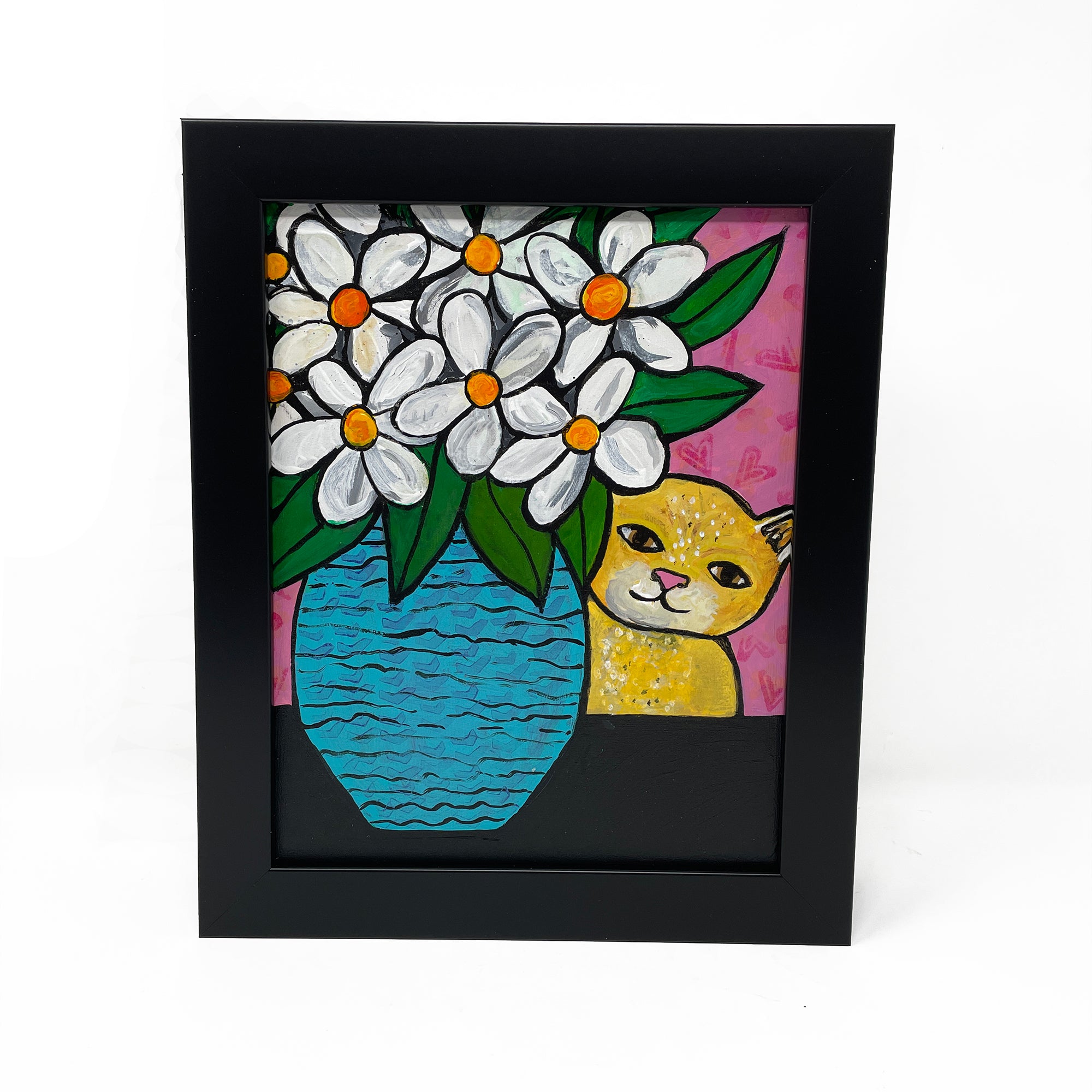 Yellow Tabby Cat with Flowers Painting