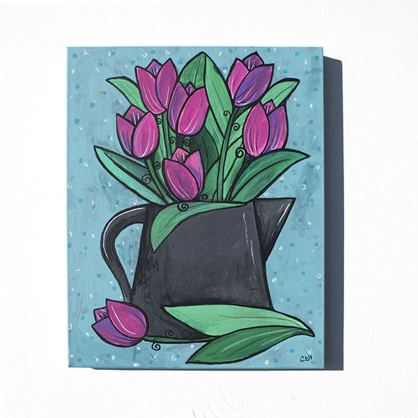 Pink Tulips in Watering Can - Floral Still Life Painting