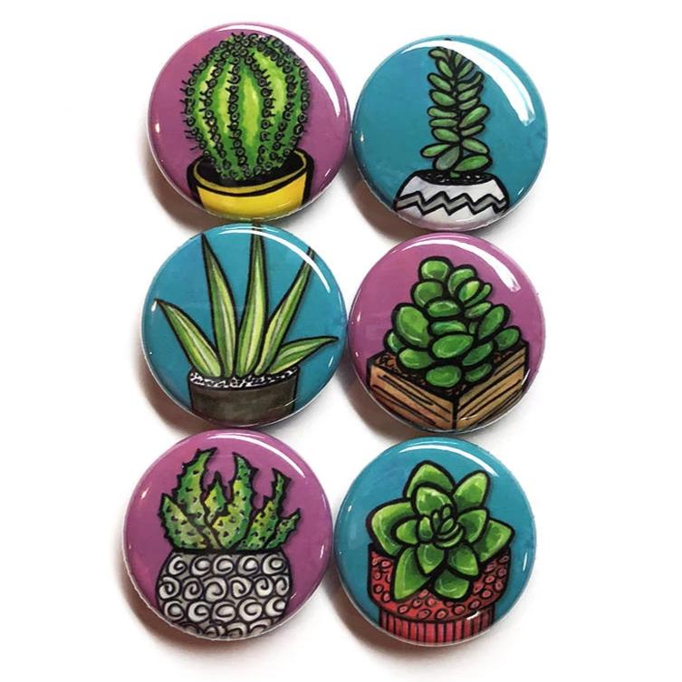 Succulent Plant Pin Back Badge or Fridge Magnet Set