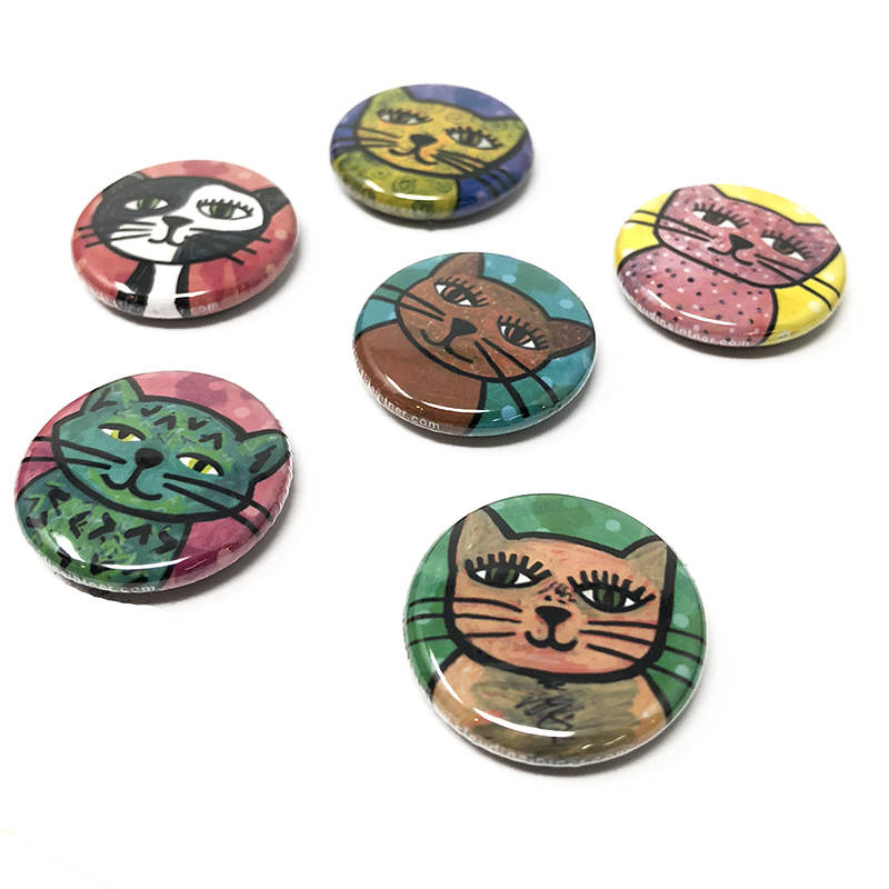 Whimsical Cat Magnets or Cat Pin Back Buttons Set
