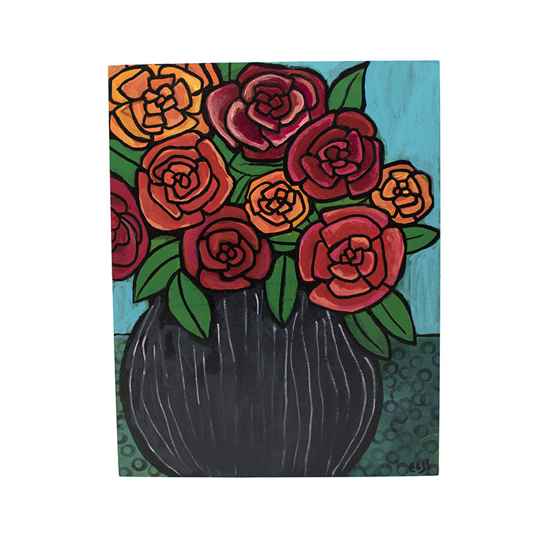 Red Rose Still Life Painting - Bunch of Roses in a Vase 