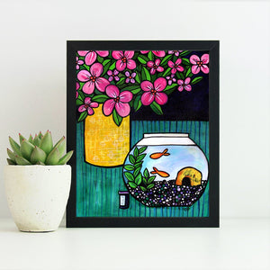 Goldfish Art Print - Floral Still Life with Gold Fish Bowl 