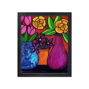 Floral Still Life Art Print - Vases of Flowers Print with optional black mat 