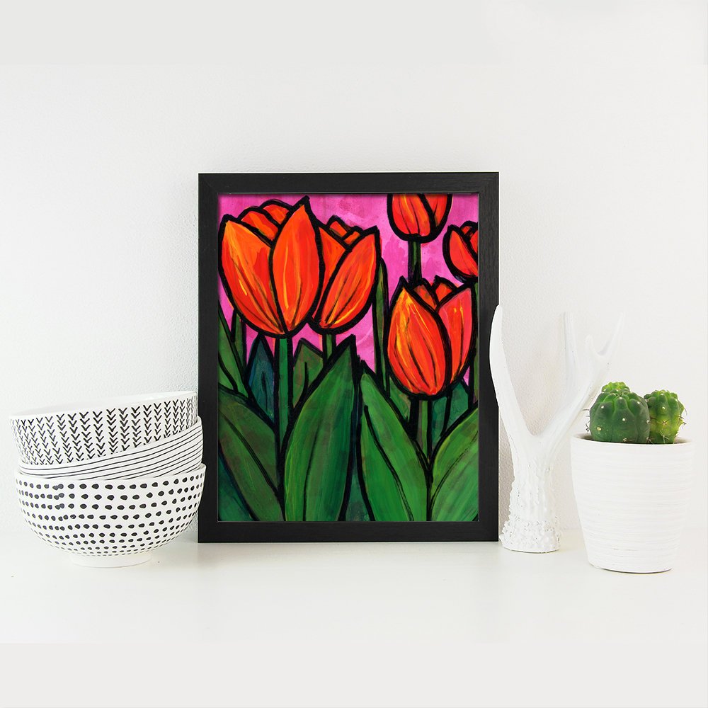 Tulip Art Print - Red Magenta Green Floral Wall Art Decor 