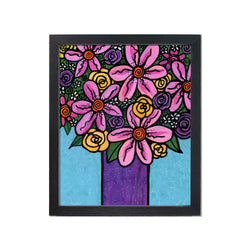 Bouquet of Flowers Print - Abstract Floral Art Print with Pink, Purple, Yellow Flowers on Blue 