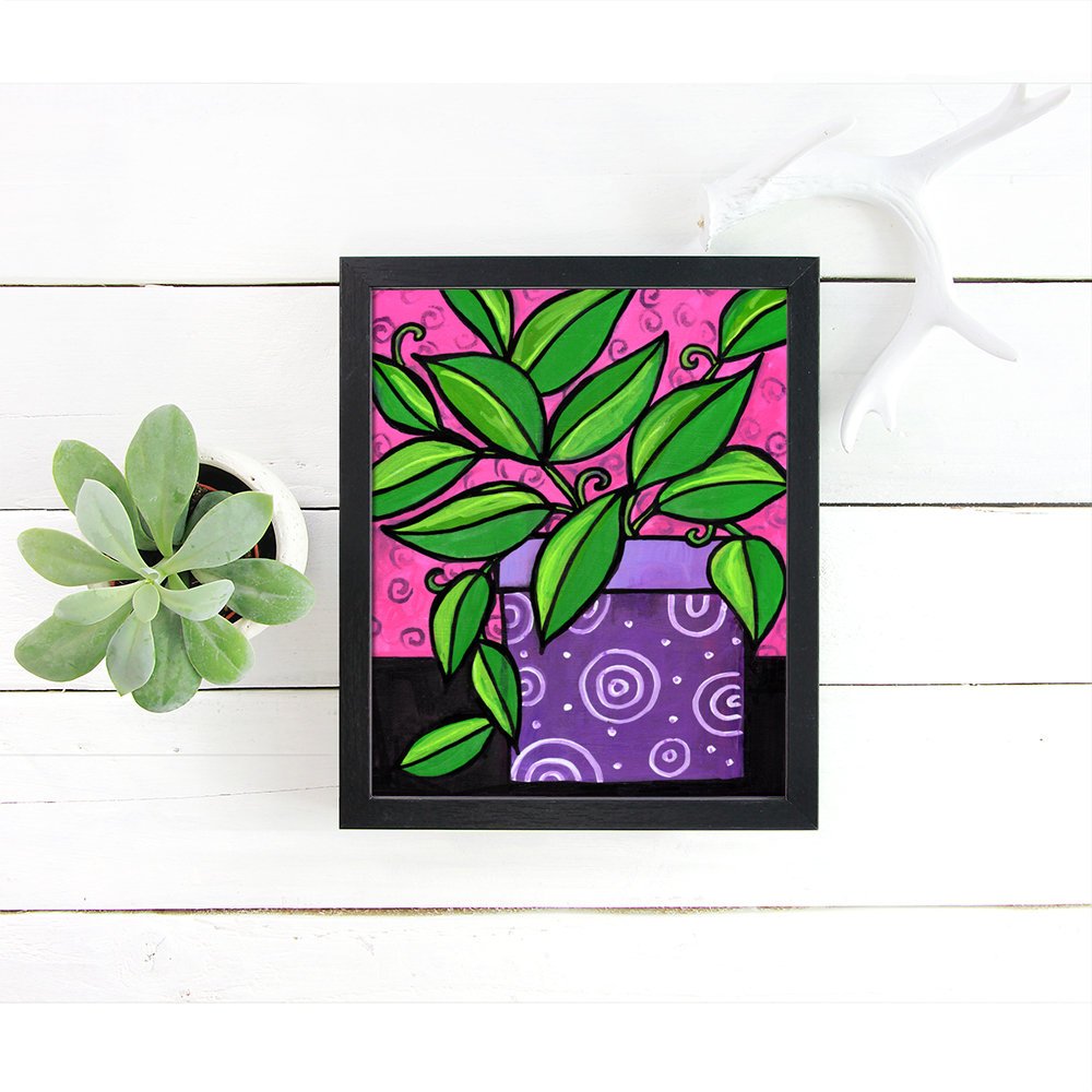 Potted Plant Print - Purple Green Pink Still Life Wall Art Decor 