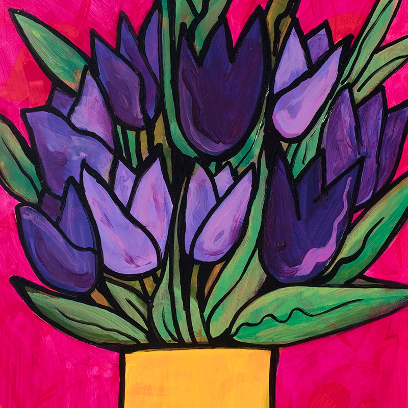 Purple Tulip Painting - Whimsical Flower Still LIfe - Original Framed Wall Art - Colorful Home Decor in Purple, Yellow, Pink, and Green