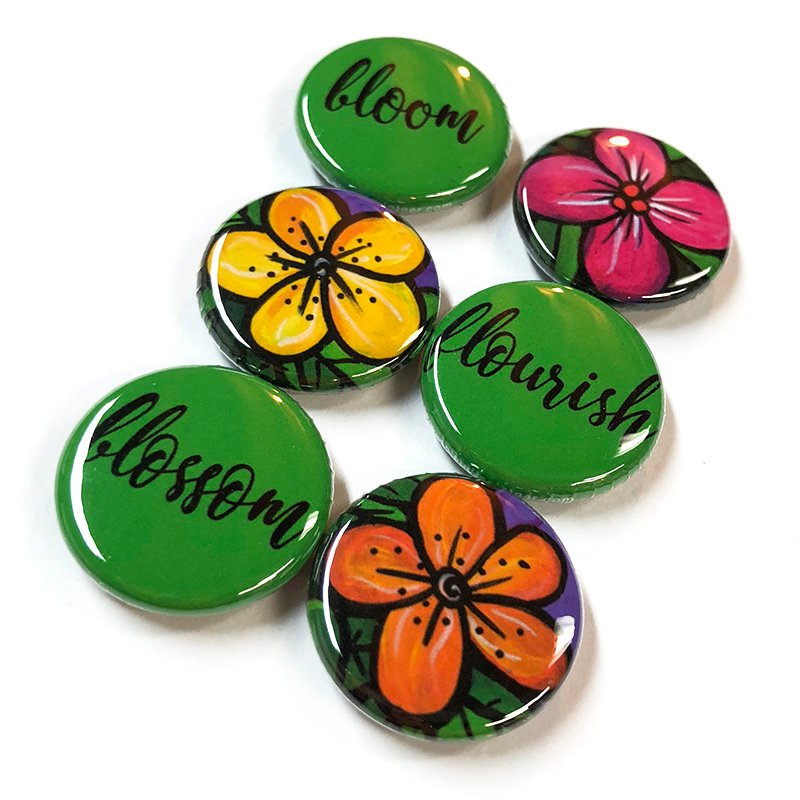 Flowers and Words Magnets or Pin Back Buttons