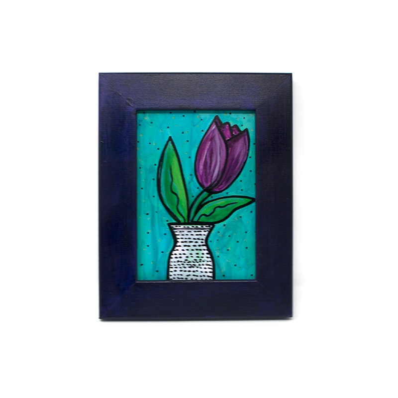 Small Tulip Painting in Frame - Purple Tulip Art Original - Framed Floral Still Life for Bedroom, Bathroom, or Living Room