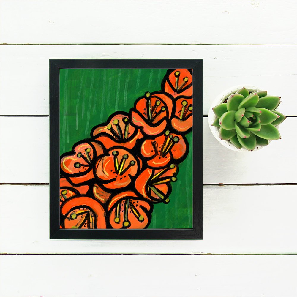 Tropical Floral Print - Green and Orange Flower Art Print 