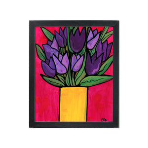 Purple Tulip Print - Bold Color Art Print with Purple Flowers in Yellow Vase on Vibrant Deep Pink 