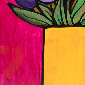 Purple Tulip Painting - Whimsical Flower Still LIfe - Original Framed Wall Art - Colorful Home Decor in Purple, Yellow, Pink, and Green