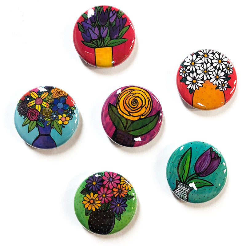 Flower Magnet Set or Flower Pin Set - Colorful Cute Magnets or Pinback Buttons - Stocking Stuffer, Party Favor, Teacher or Office Gift