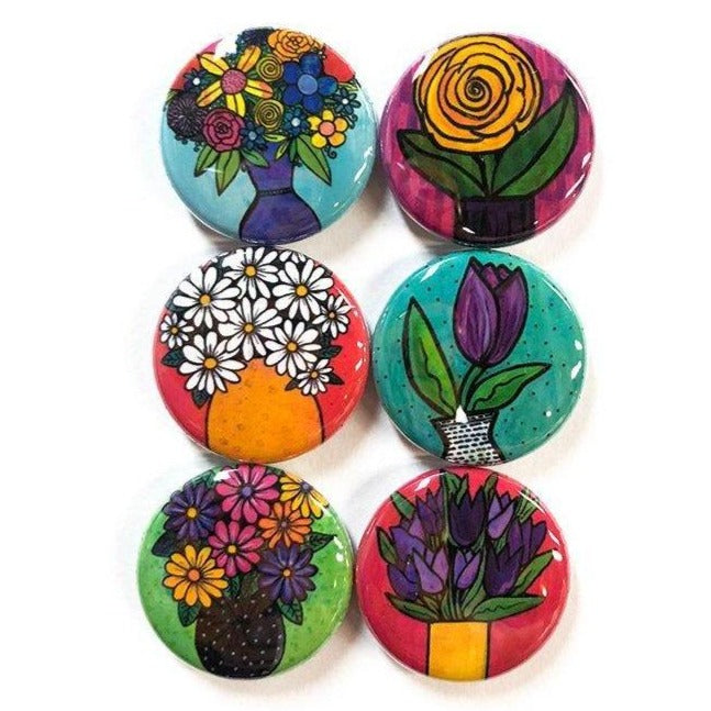 Flower Magnet Set or Flower Pin Set - Colorful Cute Magnets or Pinback Buttons - Stocking Stuffer, Party Favor, Teacher or Office Gift