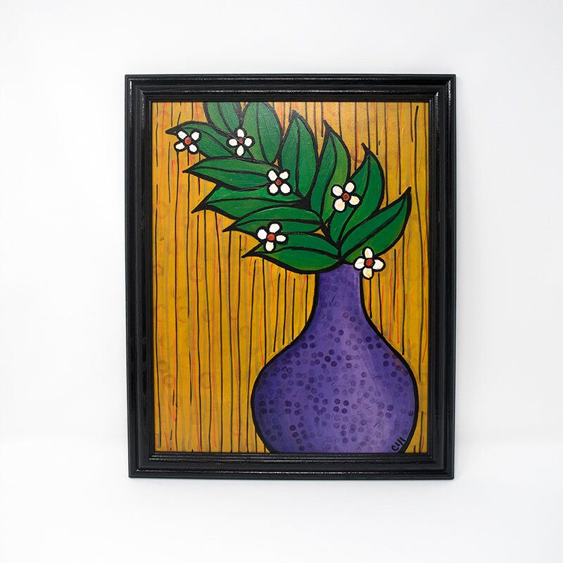 Whimsical Floral Still Life Painting featuring Blooming Branch in Purple Vase on Mustard Yellow Background - Original Art by Claudine Intner