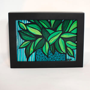 Plant Painting Small - Green Leaves - Potted Plant Still Life Art - 5x7 Framed by Claudine Intner