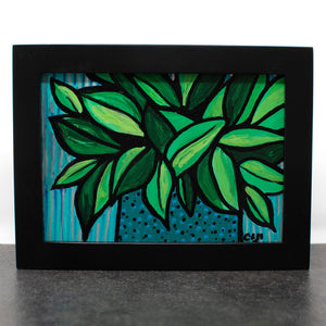 Plant Painting Small - Green Leaves - Potted Plant Still Life Art - 5x7 Framed by Claudine Intner